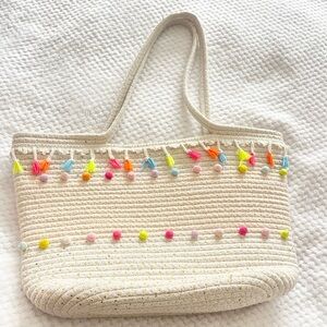 Woven Rope Summer Vaca Beach Pool Bag Colorful Tassels and Pom Poms Gold Accents